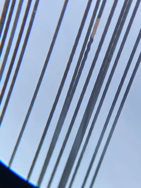 Wire rope falls of a Clyde barge crane against the sky, showing corkscrew waviness from tight sheaves