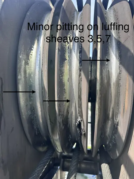 Luffing sheave stack on a Jaso J380PA tower crane with arrows marking minor pitting