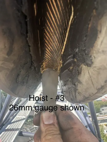 26 mm groove gauge in a worn nylon hoist sheave with rope imprints on a Jaso J380PA