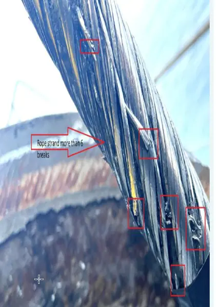 Liebherr BOS 4200 luffing rope with wire breaks marked in red boxes, one strand with more than six breaks