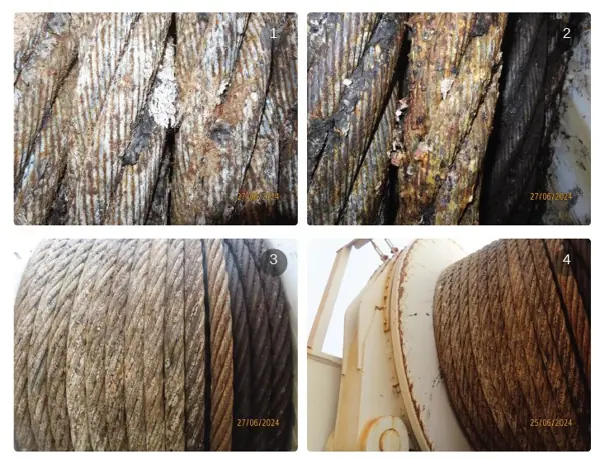 Four photos of heavy corrosion and pitting on an 83 mm subsea anchor winch rope