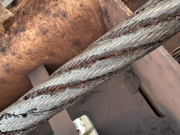 Corroded wire rope with fresh grease on a ZPMC ship-to-shore crane