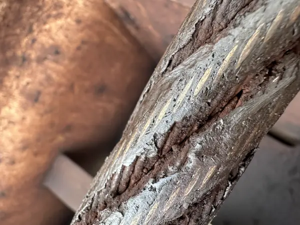 Fresh grease applied over a dangerously corroded wire rope on a ZPMC ship-to-shore crane