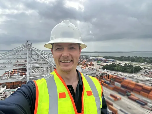 Dean McDonald on top of a Konecranes ship-to-shore container crane during a boom hoist rope inspection