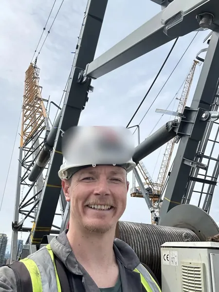 Dean McDonald at the hoist winch of a Liebherr 280 HC-L tower crane